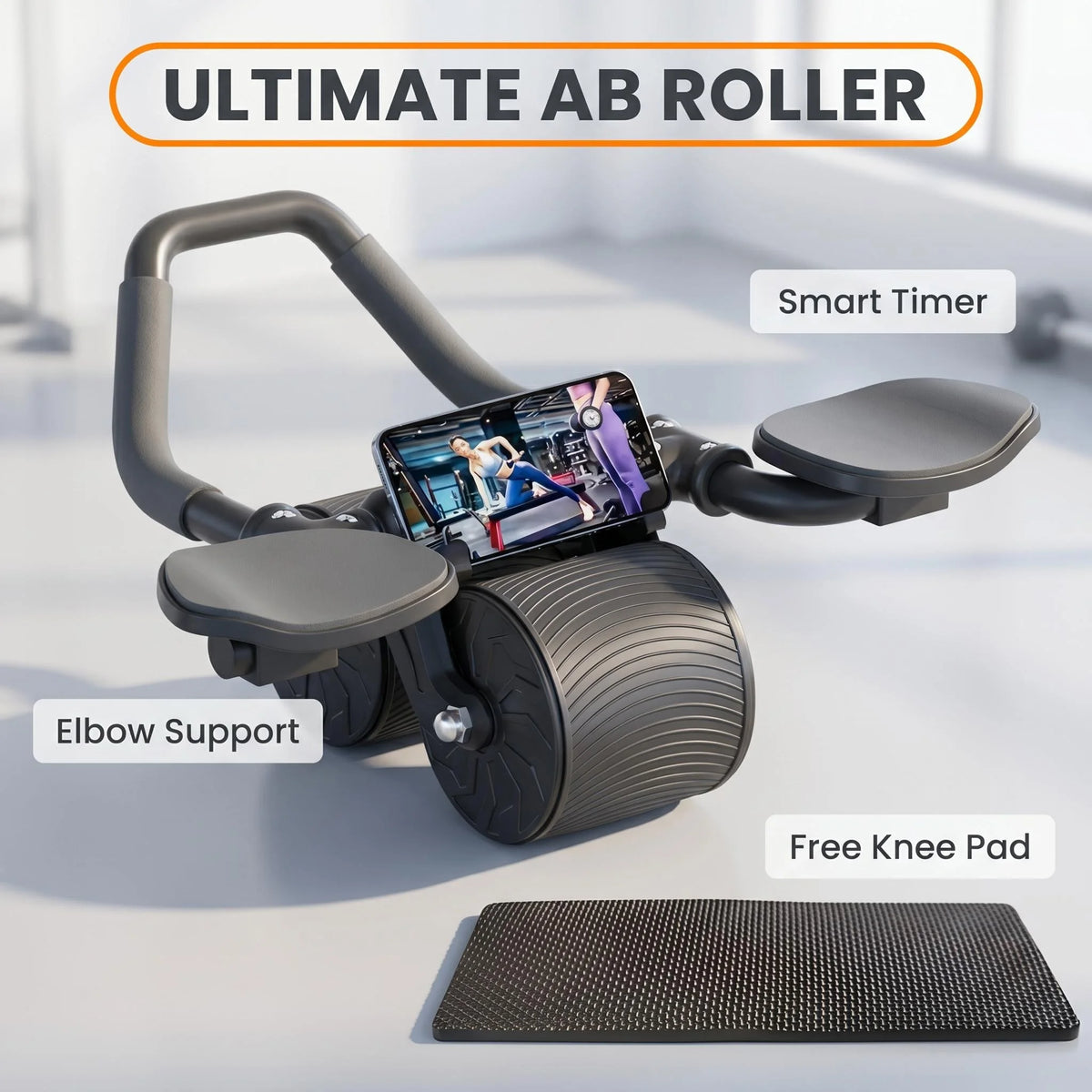 3 IN 1 Core Workout Ab Roller With Knee Pad Phone Holder Timer Home Fitness Black