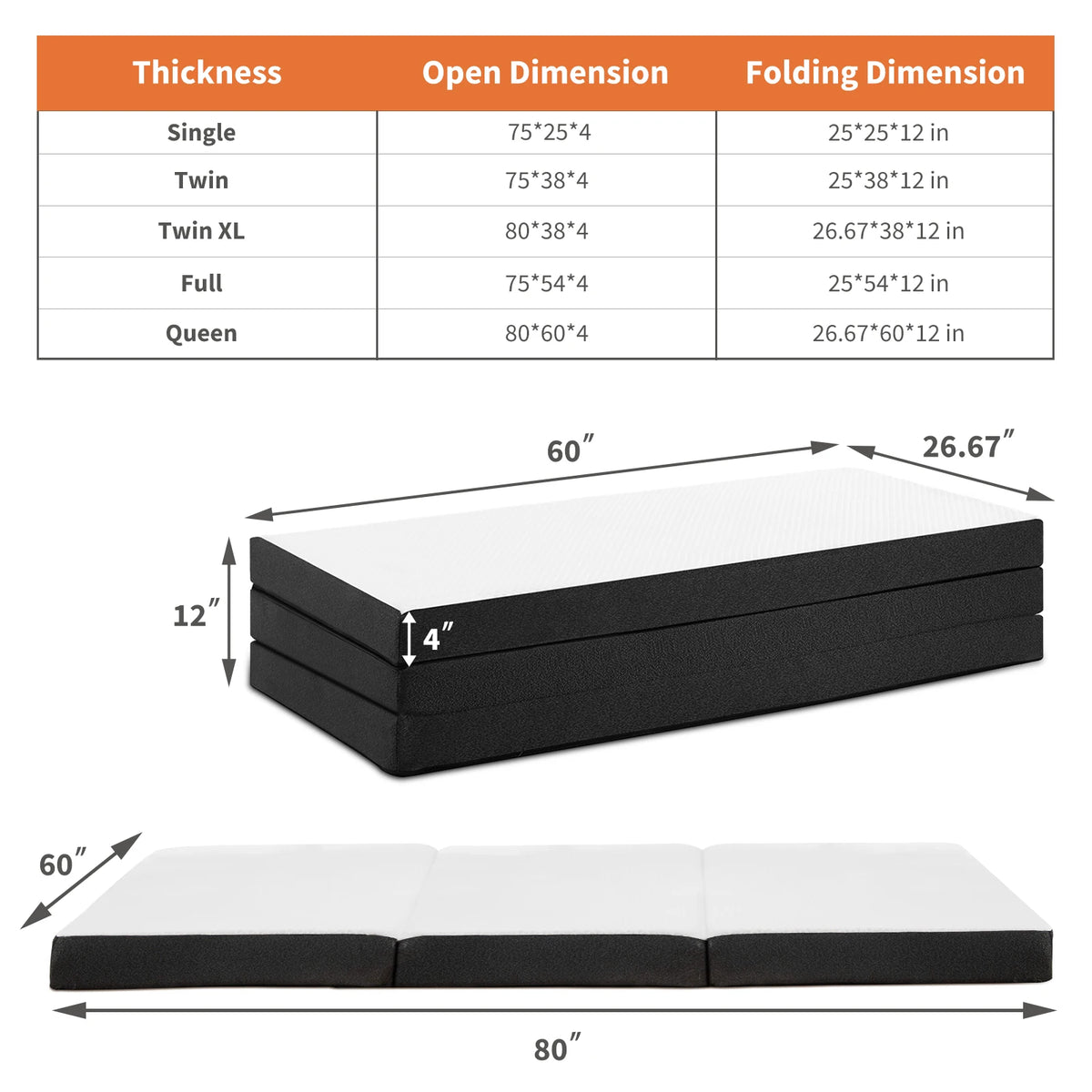 JHK 3-4Inch Soft Mattress Tri-Fold Memory Foam Mattress with Collapsible and Washable Cover Portable Floor Bed for Travel Yoga