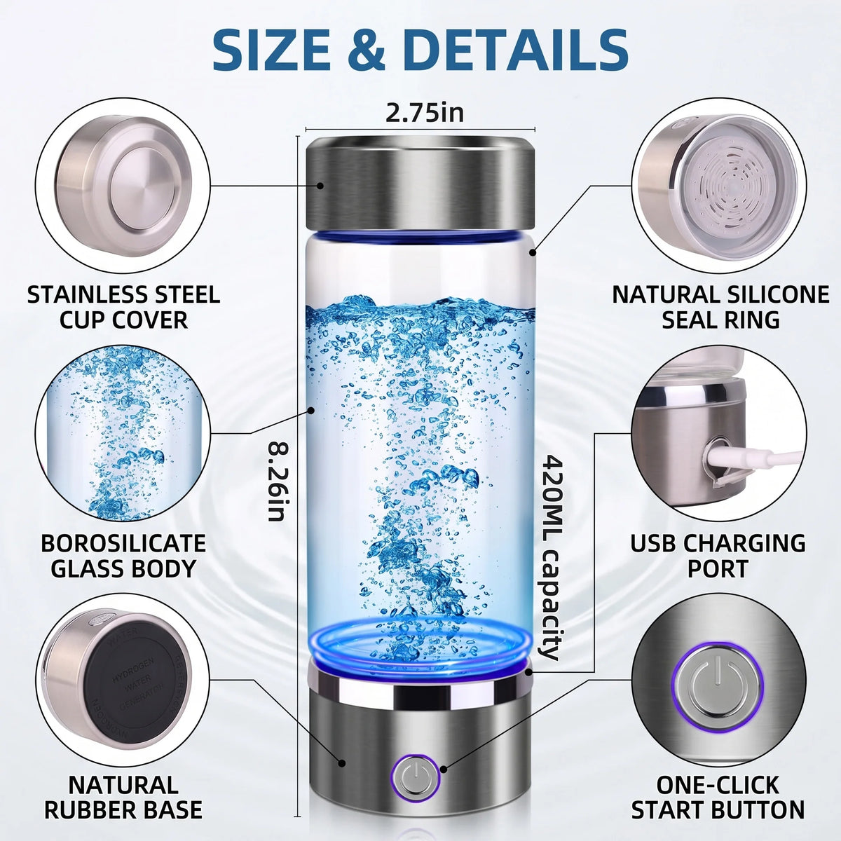 Portable 3 In 1 Hydrogen Water Bottles Generator SPE PEM Glass Ionizer Machine Rechargeable Anti Aging Healthy Purifier 1600 PPB